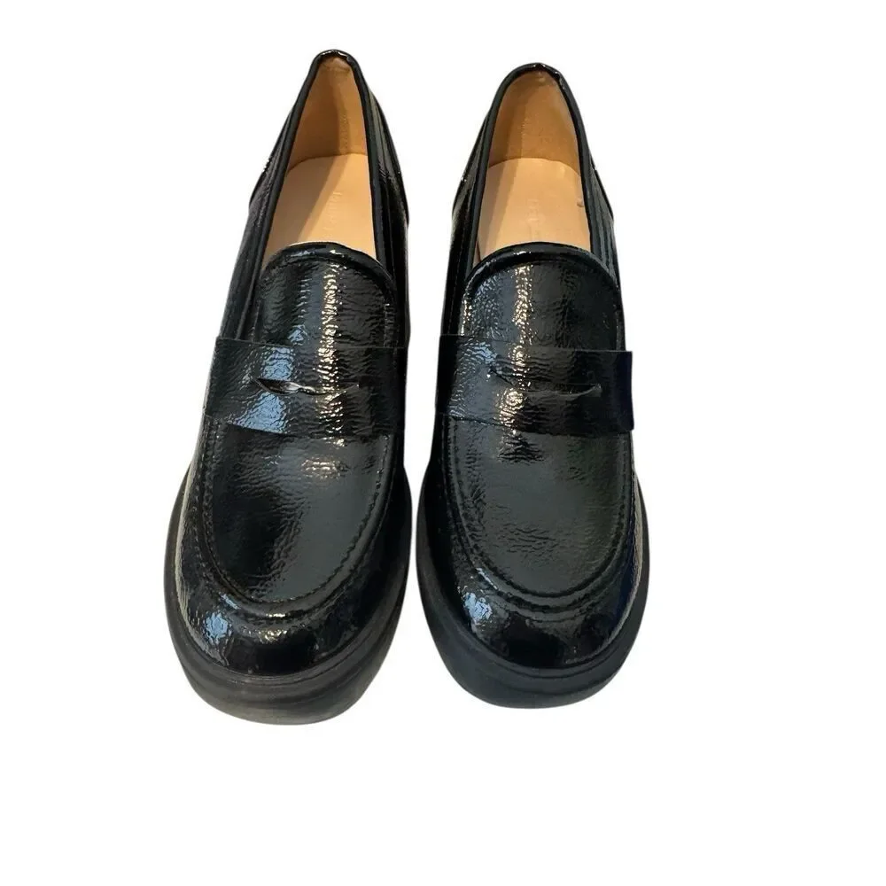 New PRINCESS POLLY Black Loafer Patent Leather Platform Heels Trending Sz 7